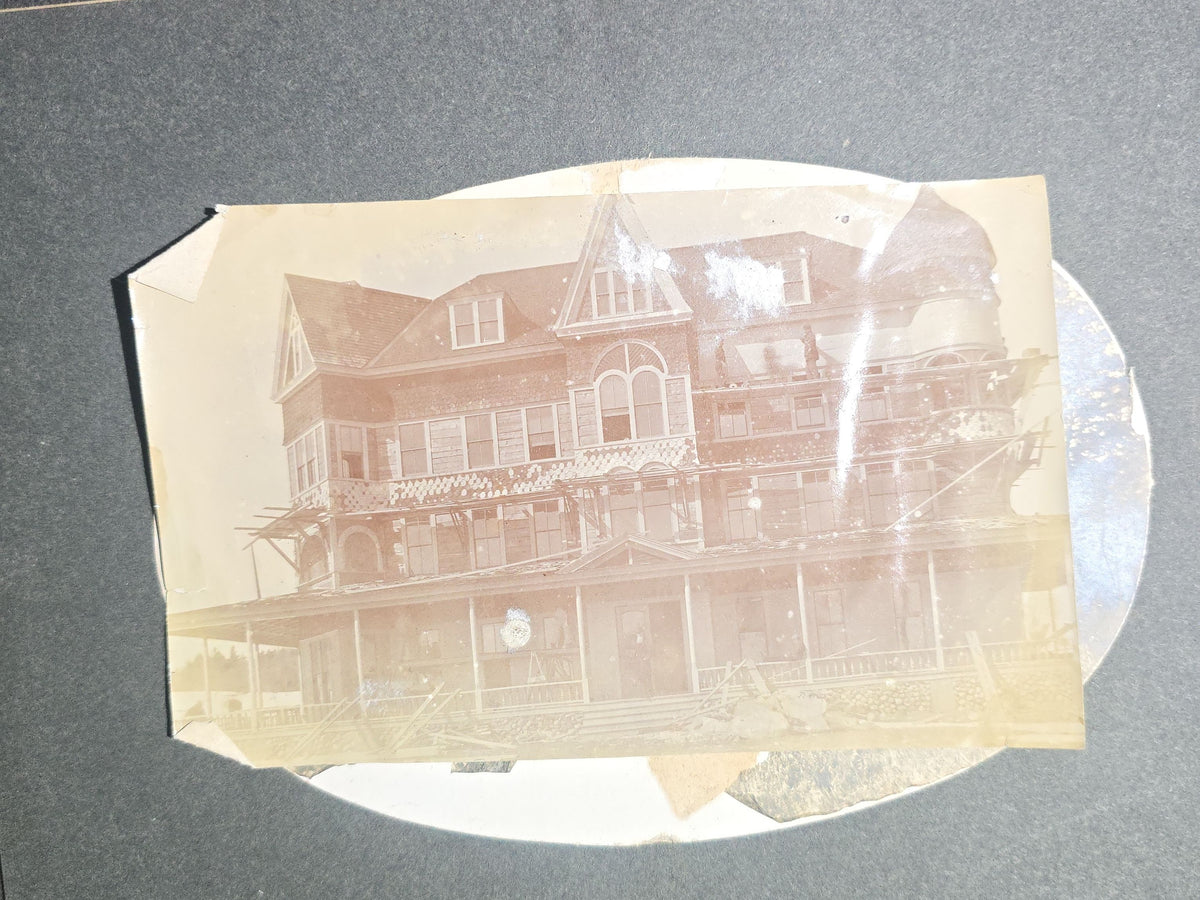 Grouping of Seven Antique Photographs including Board-Mounted Horse and Buggy, Oval-Cropped Barn, School Class with Names Inscribed, Large Victorian Building, "The Ormsbee House," Two Children with Birdcage, and Winter Hilltop View