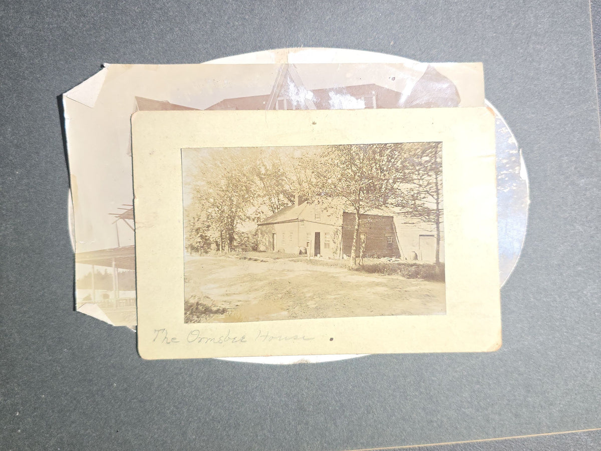 Grouping of Seven Antique Photographs including Board-Mounted Horse and Buggy, Oval-Cropped Barn, School Class with Names Inscribed, Large Victorian Building, "The Ormsbee House," Two Children with Birdcage, and Winter Hilltop View