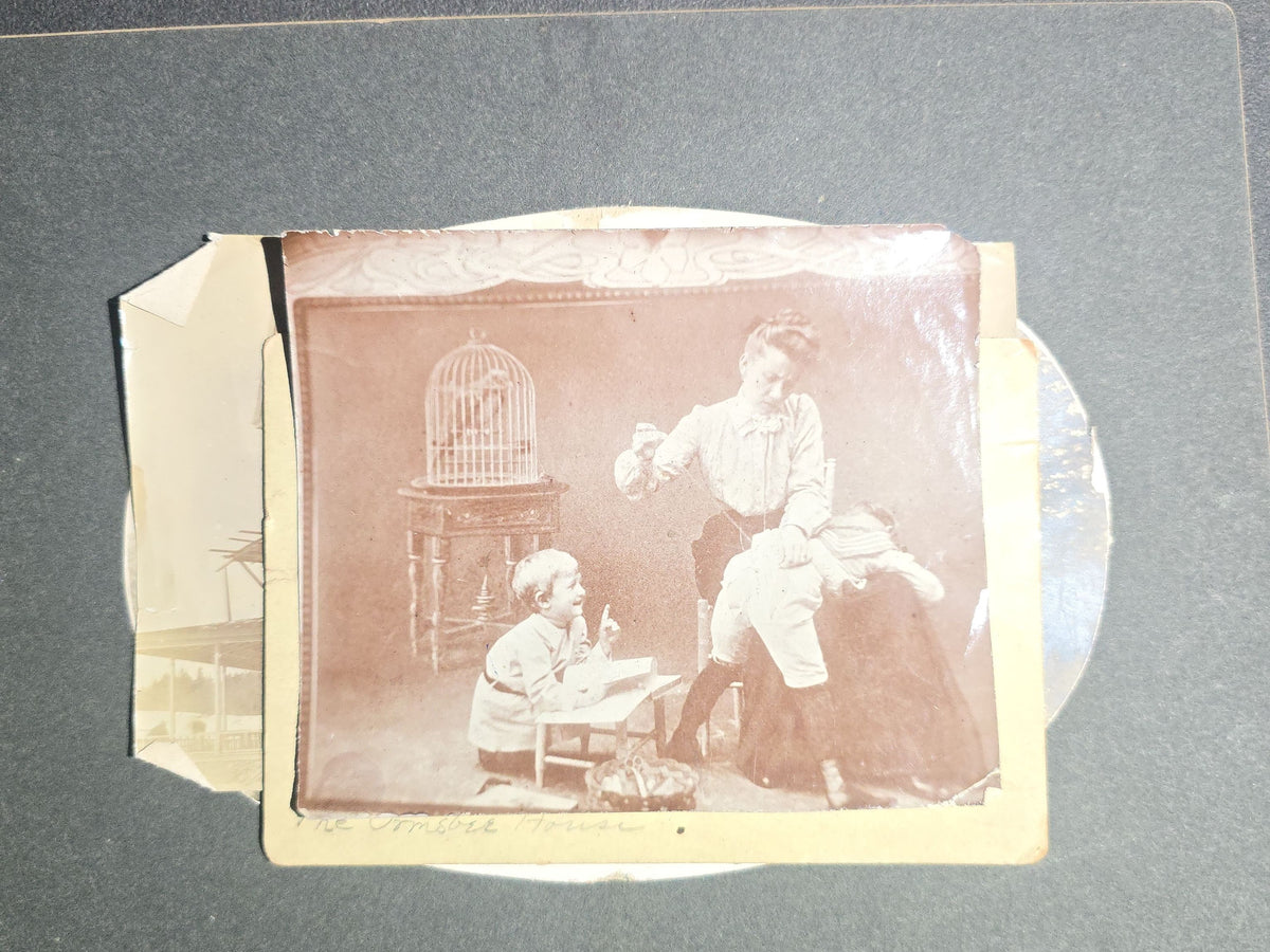 Grouping of Seven Antique Photographs including Board-Mounted Horse and Buggy, Oval-Cropped Barn, School Class with Names Inscribed, Large Victorian Building, "The Ormsbee House," Two Children with Birdcage, and Winter Hilltop View