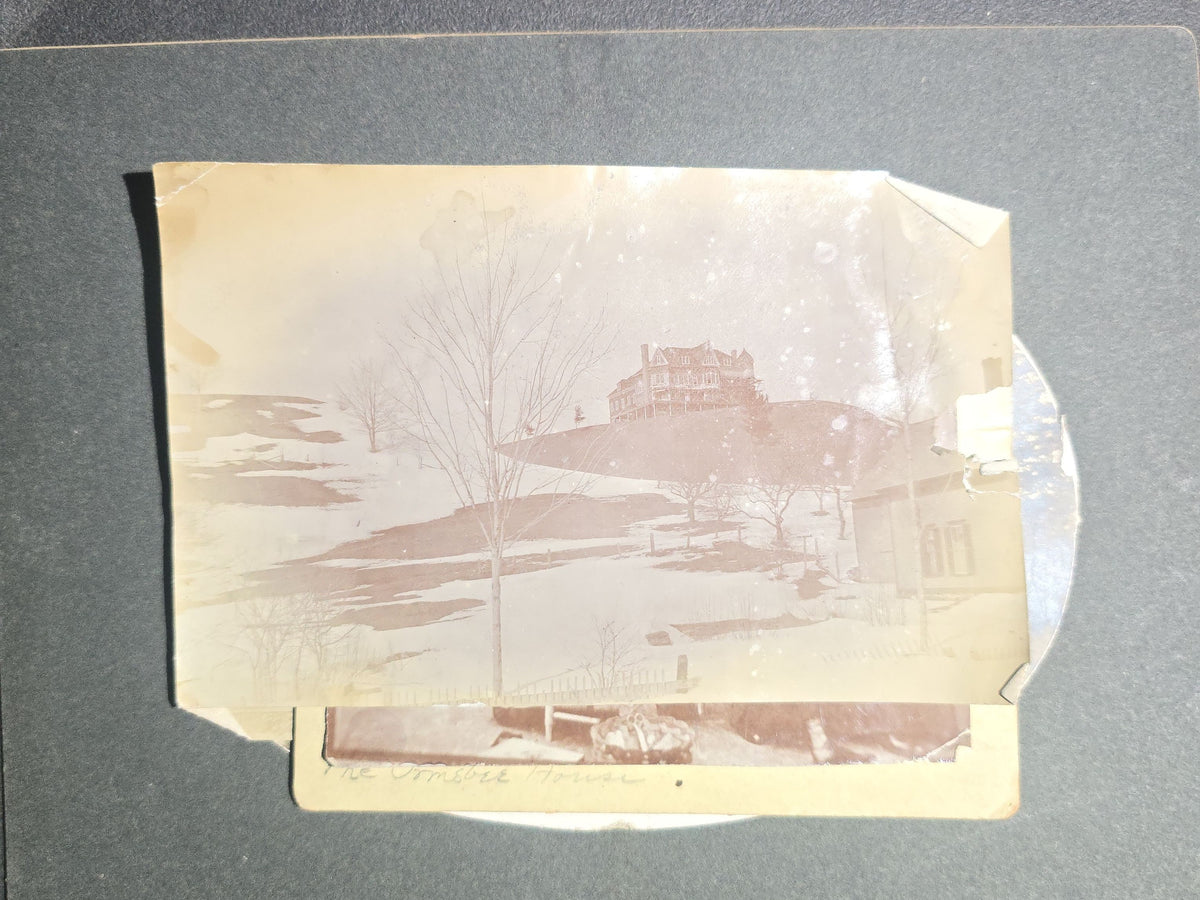 Grouping of Seven Antique Photographs including Board-Mounted Horse and Buggy, Oval-Cropped Barn, School Class with Names Inscribed, Large Victorian Building, "The Ormsbee House," Two Children with Birdcage, and Winter Hilltop View