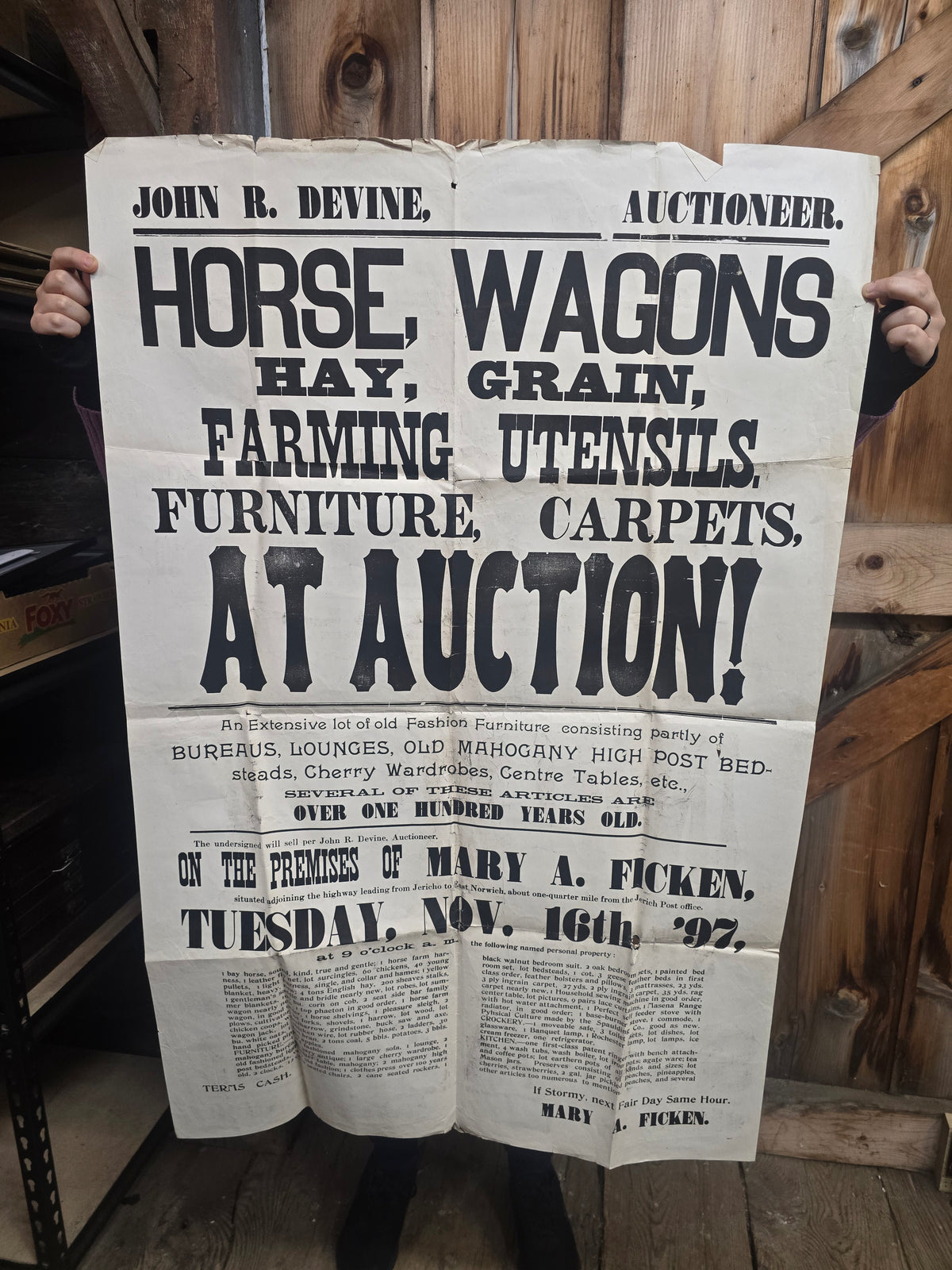 Antique 1897 Letterpress Auction Broadside for the Estate of Mary A. Ficken, Jericho, New York, John R. Devine, Auctioneer