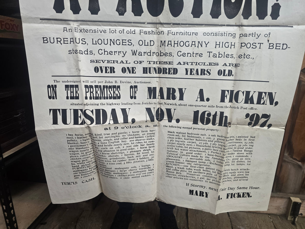 Antique 1897 Letterpress Auction Broadside for the Estate of Mary A. Ficken, Jericho, New York, John R. Devine, Auctioneer