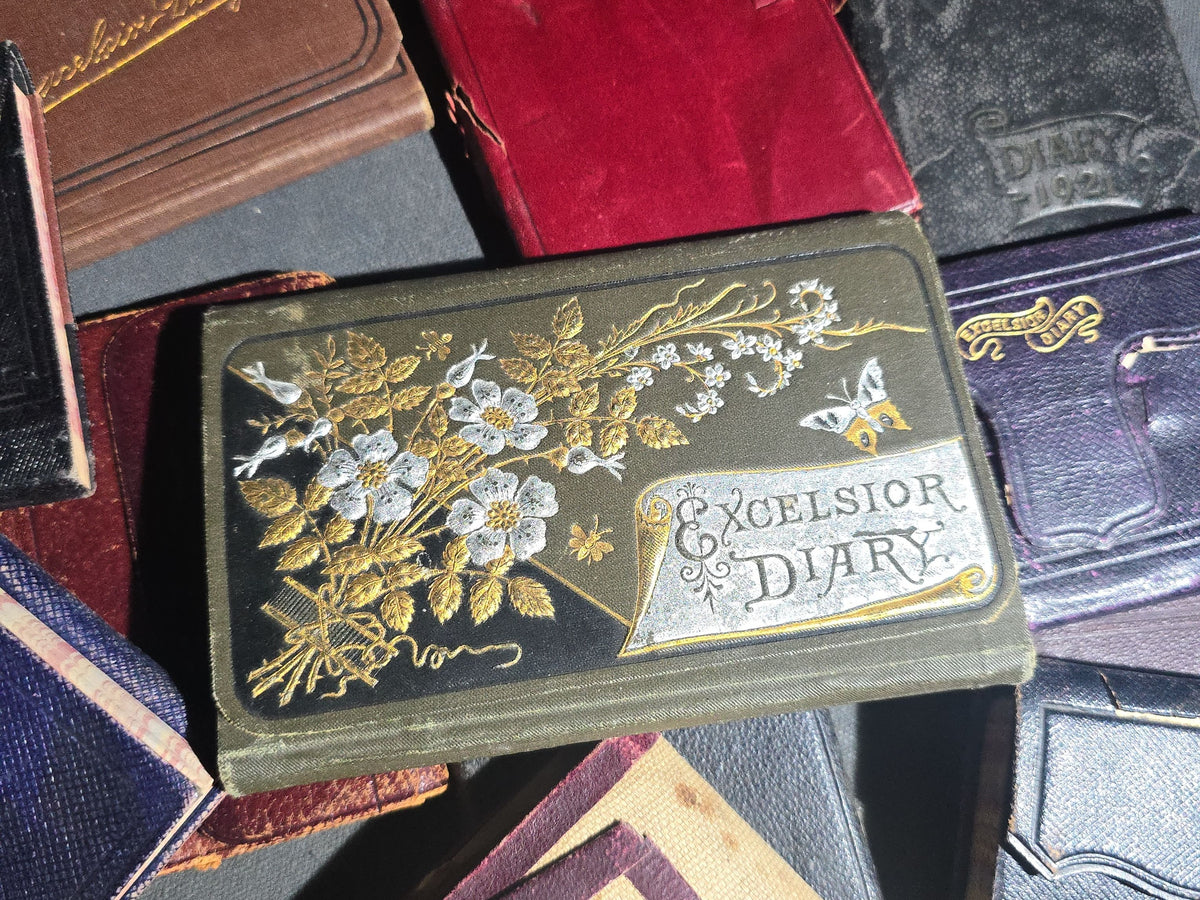 Grouping of 22 Antique and Vintage Handwritten Personal Diaries Belonging to Mrs. Delina M. Rowell of Chittenden, Vermont, 1870s-1890s and 1921, including Excelsior Diary and American Diary Editions