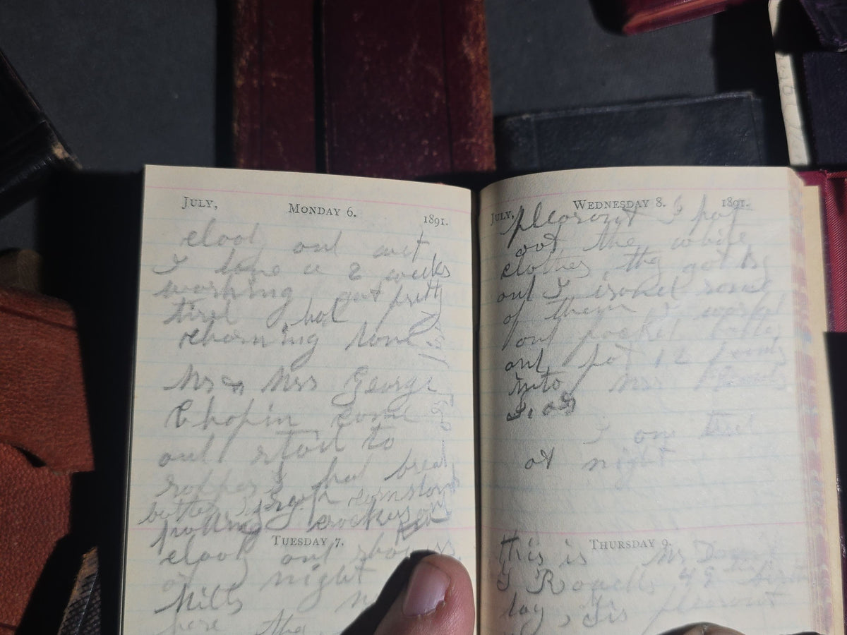 Grouping of 22 Antique and Vintage Handwritten Personal Diaries Belonging to Mrs. Delina M. Rowell of Chittenden, Vermont, 1870s-1890s and 1921, including Excelsior Diary and American Diary Editions