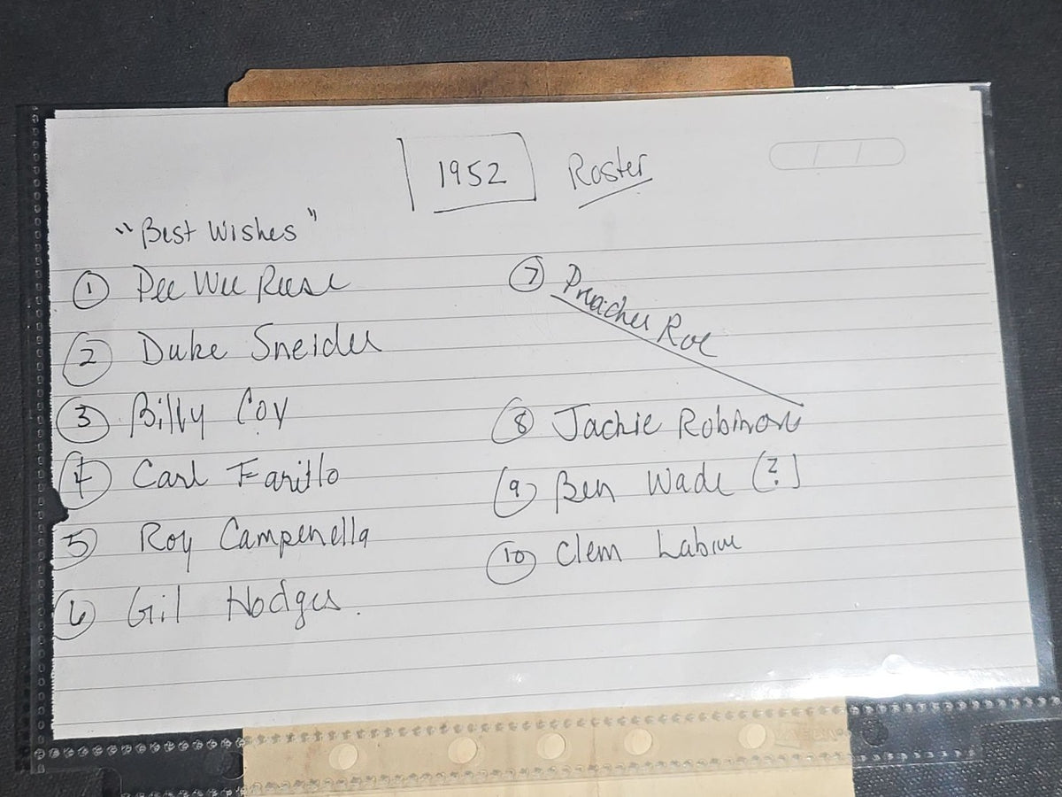Vintage Paper Sheet with Purported 1952 Brooklyn Dodgers Autographs including Jackie Robinson, Pee Wee Reese, Duke Snider, Roy Campanella, Gil Hodges, Carl Furillo, Preacher Roe, Billy Cox, Ben Wade, and Clem Labine