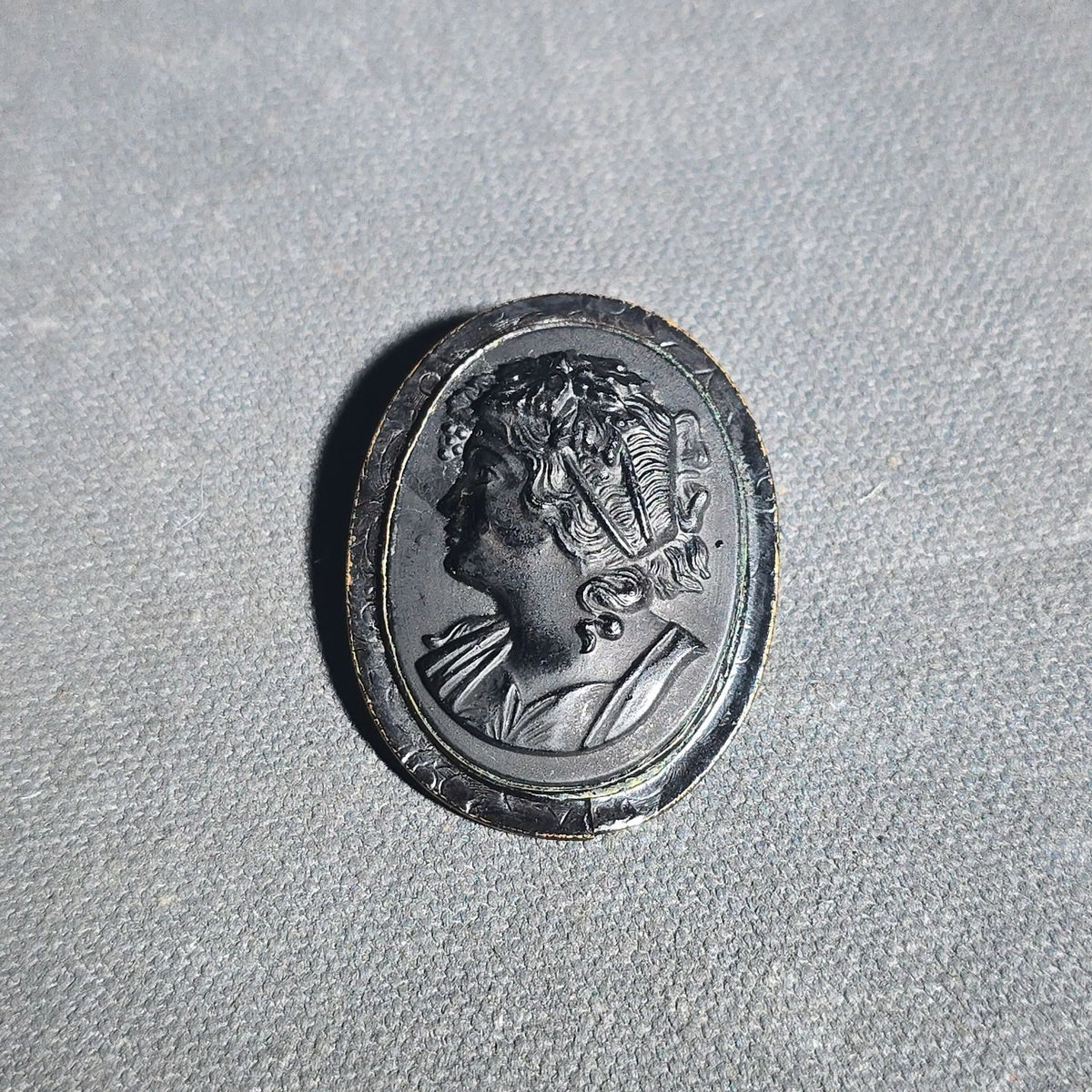 Antique Black Mourning Cameo Brooch with Classical Profile Portrait