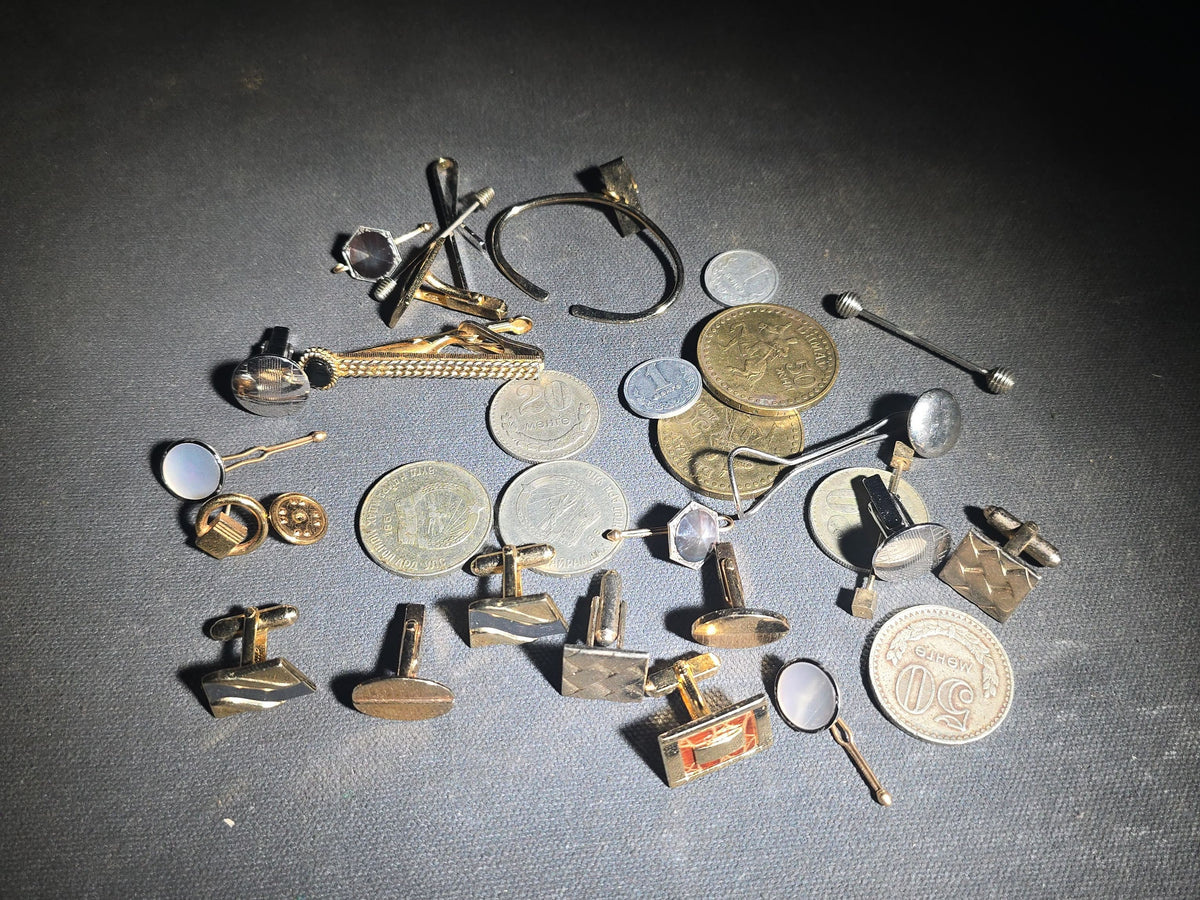 Grouping of Vintage Men's Jewelry and Mongolian Coins including Cufflinks, Tie Bars, Collar Pins, and Shirt Studs