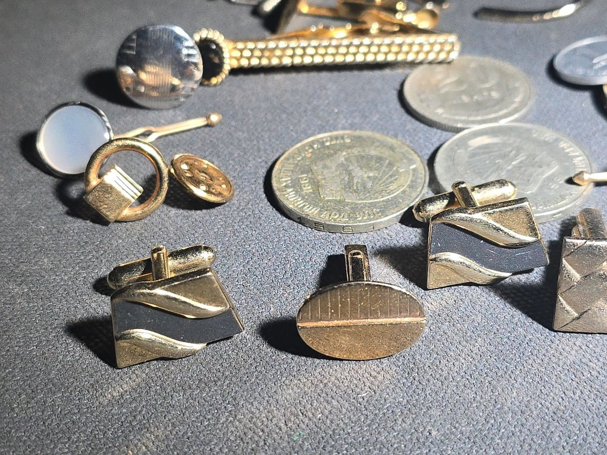 Grouping of Vintage Men's Jewelry and Mongolian Coins including Cufflinks, Tie Bars, Collar Pins, and Shirt Studs