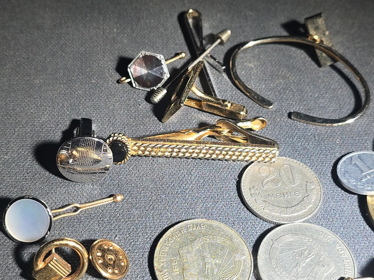 Grouping of Vintage Men's Jewelry and Mongolian Coins including Cufflinks, Tie Bars, Collar Pins, and Shirt Studs