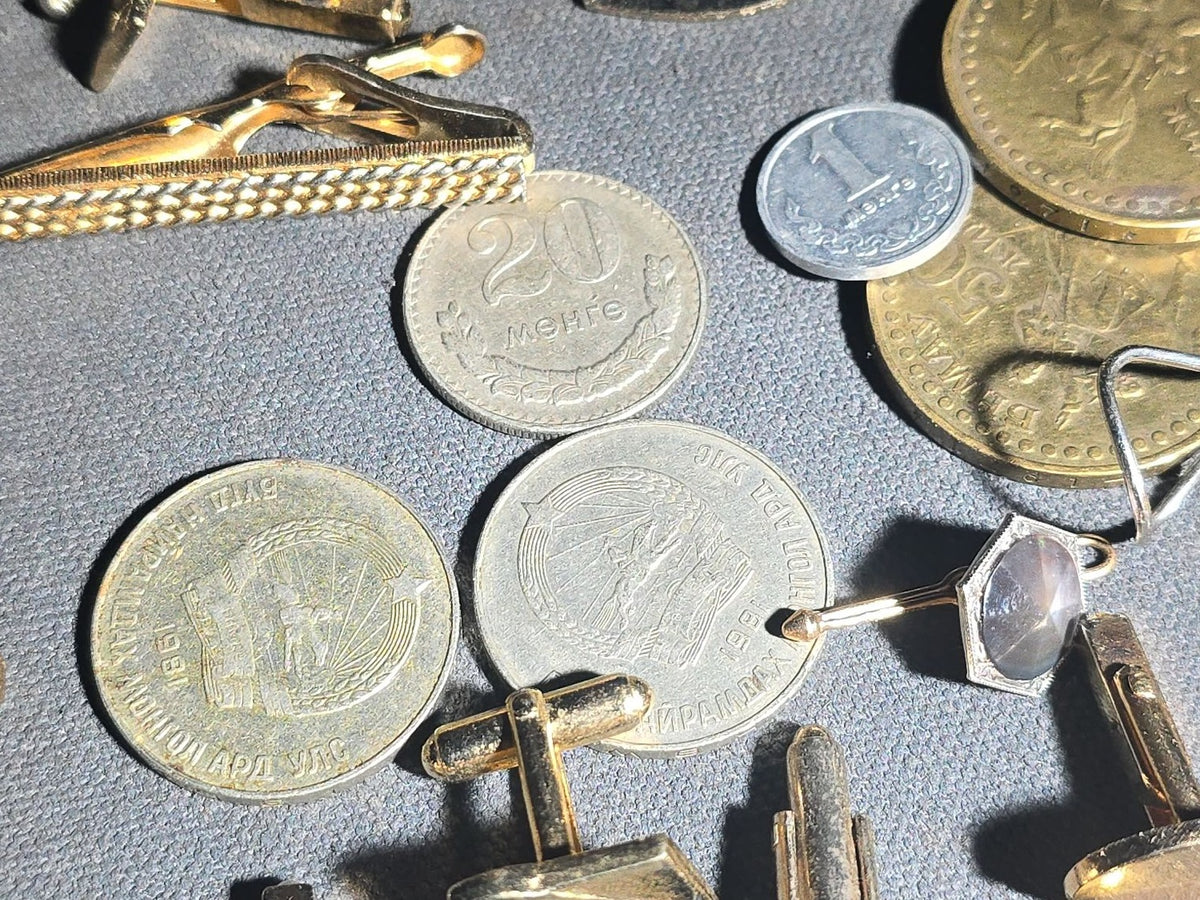Grouping of Vintage Men's Jewelry and Mongolian Coins including Cufflinks, Tie Bars, Collar Pins, and Shirt Studs