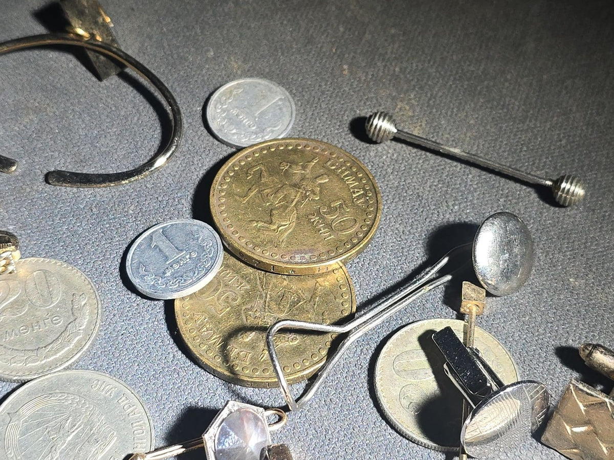 Grouping of Vintage Men's Jewelry and Mongolian Coins including Cufflinks, Tie Bars, Collar Pins, and Shirt Studs