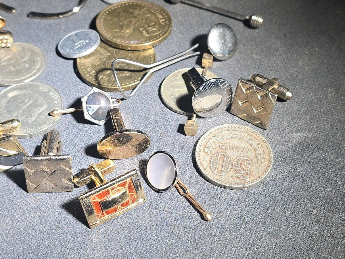 Grouping of Vintage Men's Jewelry and Mongolian Coins including Cufflinks, Tie Bars, Collar Pins, and Shirt Studs