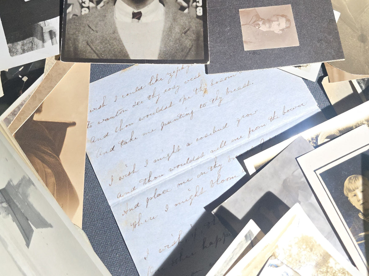 Grouping of Antique and Vintage Snapshot Photographs and Ephemera including Beach Goers, Soldiers, Family Portraits, and a Handwritten Poem, Inscribed Chesterfield, Massachusetts