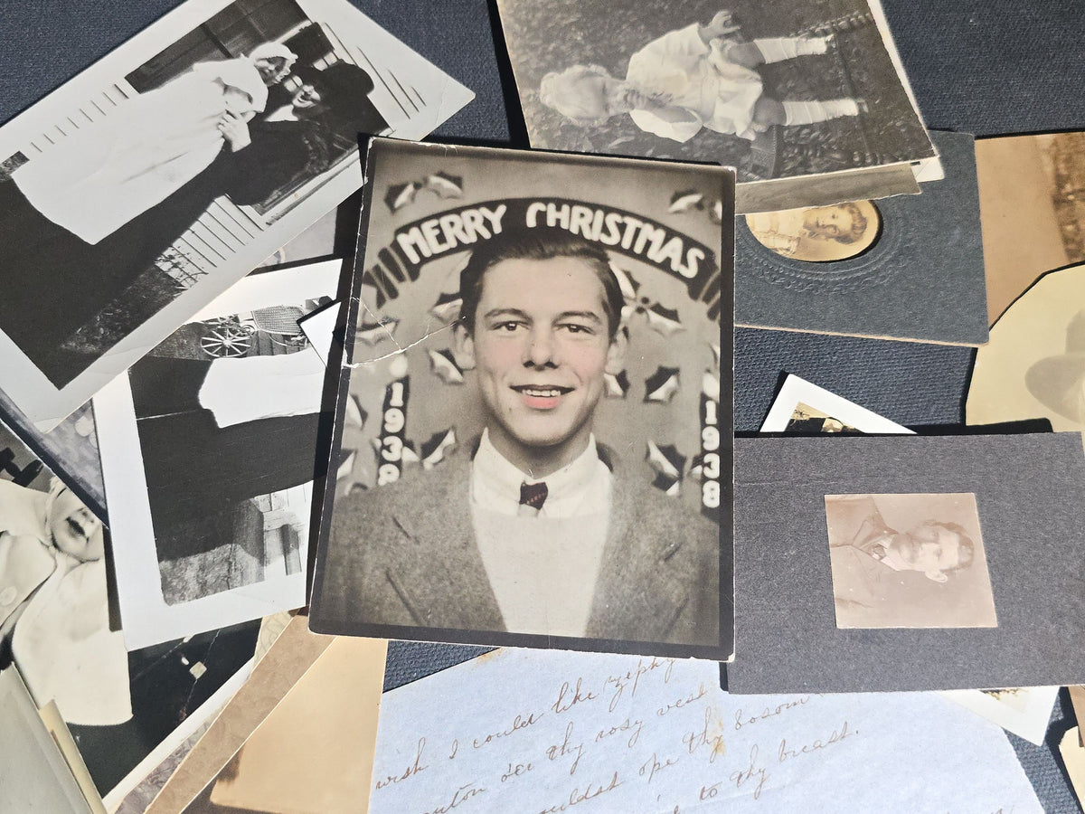 Grouping of Antique and Vintage Snapshot Photographs and Ephemera including Beach Goers, Soldiers, Family Portraits, and a Handwritten Poem, Inscribed Chesterfield, Massachusetts