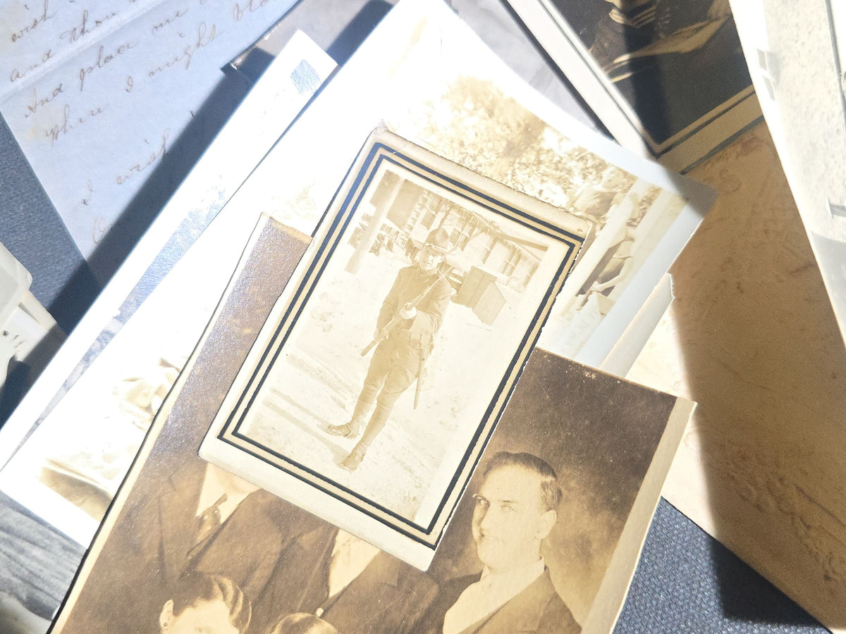 Grouping of Antique and Vintage Snapshot Photographs and Ephemera including Beach Goers, Soldiers, Family Portraits, and a Handwritten Poem, Inscribed Chesterfield, Massachusetts
