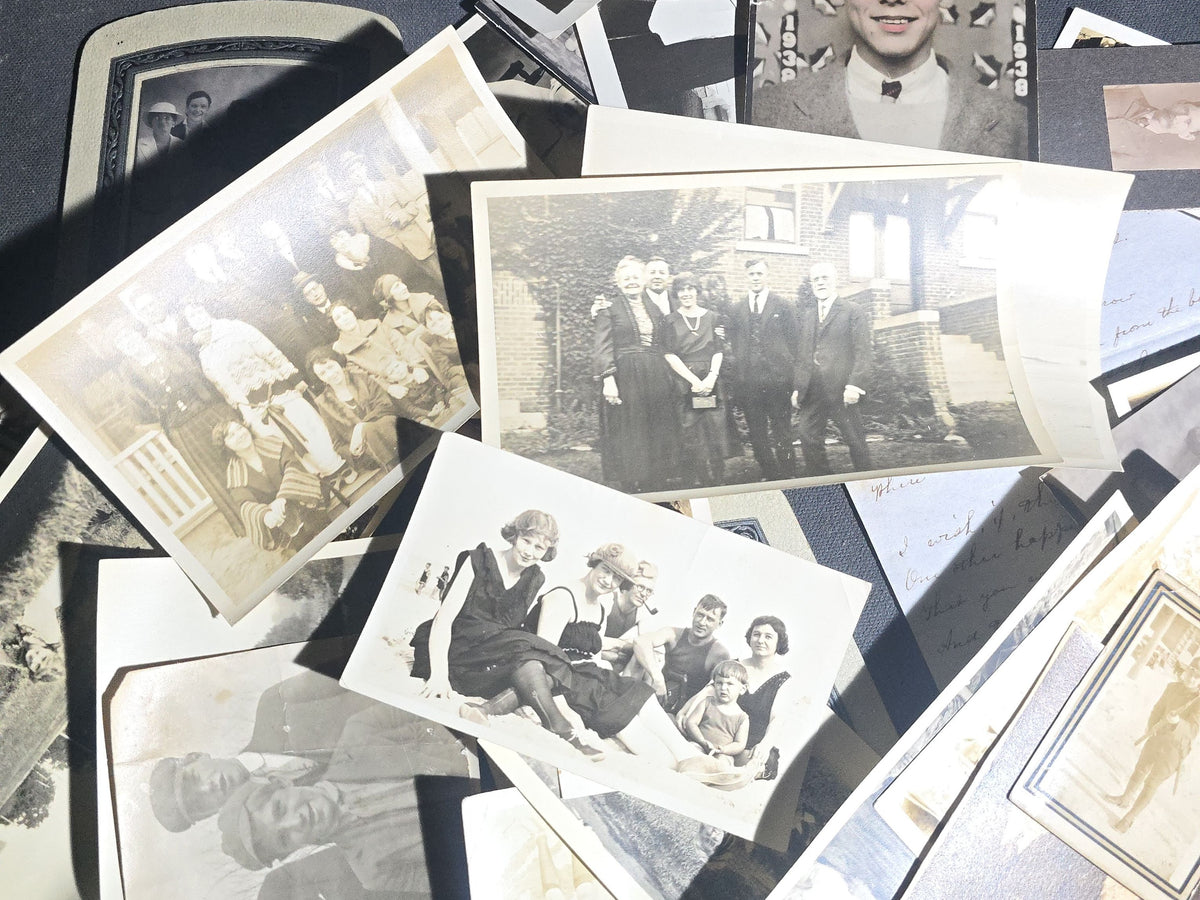 Grouping of Antique and Vintage Snapshot Photographs and Ephemera including Beach Goers, Soldiers, Family Portraits, and a Handwritten Poem, Inscribed Chesterfield, Massachusetts