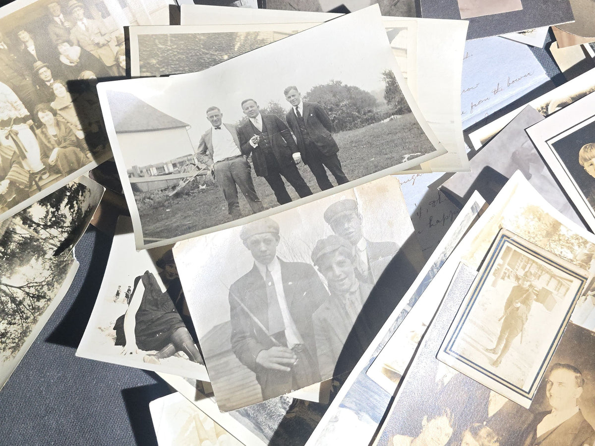Grouping of Antique and Vintage Snapshot Photographs and Ephemera including Beach Goers, Soldiers, Family Portraits, and a Handwritten Poem, Inscribed Chesterfield, Massachusetts