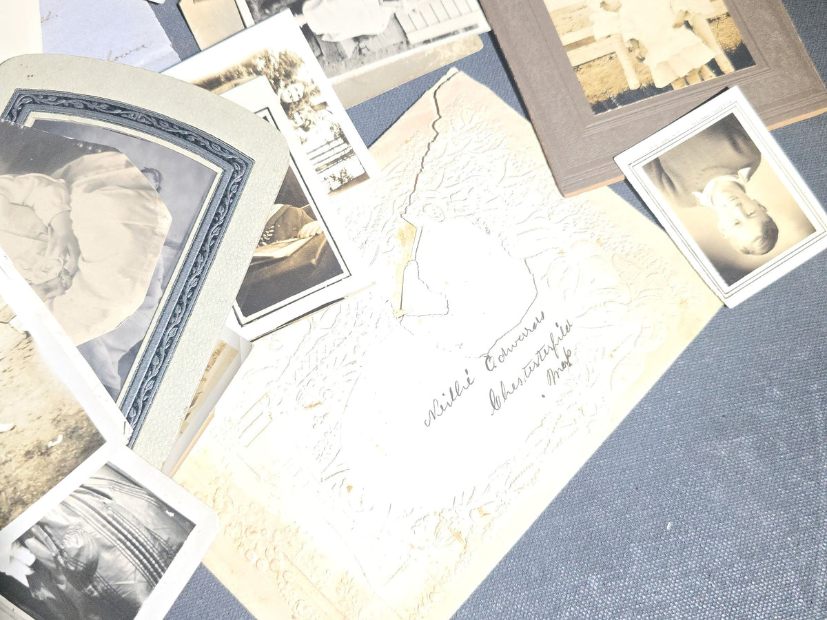 Grouping of Antique and Vintage Snapshot Photographs and Ephemera including Beach Goers, Soldiers, Family Portraits, and a Handwritten Poem, Inscribed Chesterfield, Massachusetts