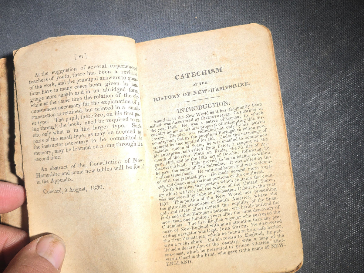 "A Catechism of the History of New-Hampshire, from Its First Settlement to the Present Period; for the Use of Schools and Families" Antique New Hampshire History Book by John Farmer, Published by Hoag and Atwood, Concord, New Hampshire, 1830