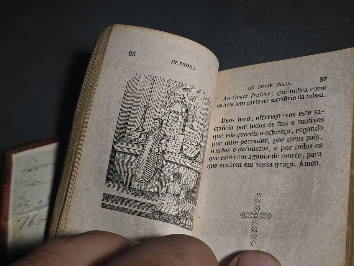 "Manual Abreviado Da Missa E Da Confissao" Antique Portuguese-Language Illustrated Catholic Prayer Book by J.-I. Roquette, Published by V.a J.-P. Aillaud, Monlon E Cia., Paris, 1853, with Brass-Mounted Velvet Binding, Cover Detached