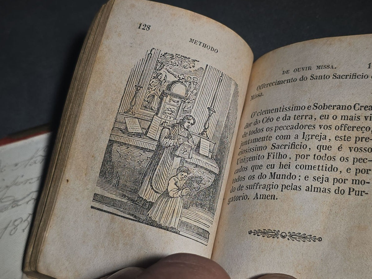 "Manual Abreviado Da Missa E Da Confissao" Antique Portuguese-Language Illustrated Catholic Prayer Book by J.-I. Roquette, Published by V.a J.-P. Aillaud, Monlon E Cia., Paris, 1853, with Brass-Mounted Velvet Binding, Cover Detached