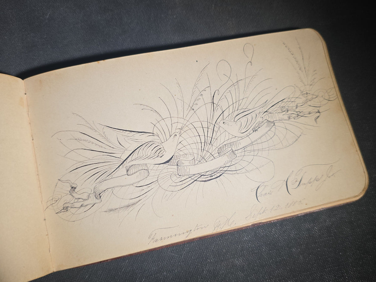 Antique 1880s Leather-Bound Autograph Book Belonging to J. U. Beam with Calligraphic Bird Drawing, Signatures from Farmington, New Hampshire and Wellesley, Massachusetts