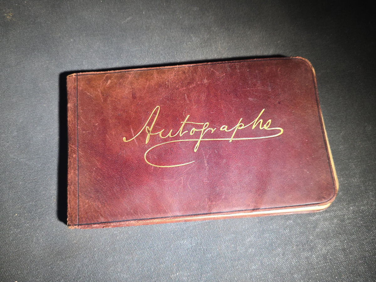 Antique 1880s Leather-Bound Autograph Book Belonging to J. U. Beam with Calligraphic Bird Drawing, Signatures from Farmington, New Hampshire and Wellesley, Massachusetts