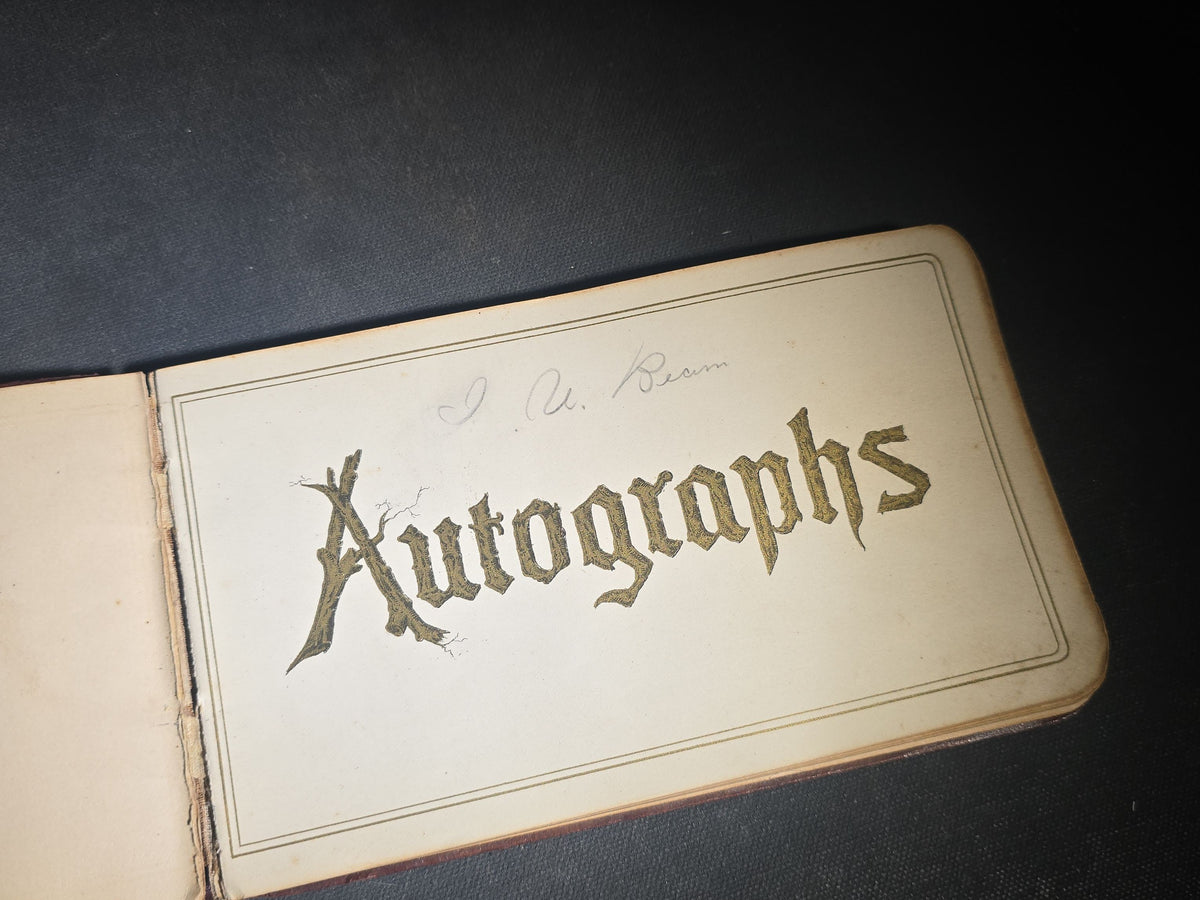 Antique 1880s Leather-Bound Autograph Book Belonging to J. U. Beam with Calligraphic Bird Drawing, Signatures from Farmington, New Hampshire and Wellesley, Massachusetts