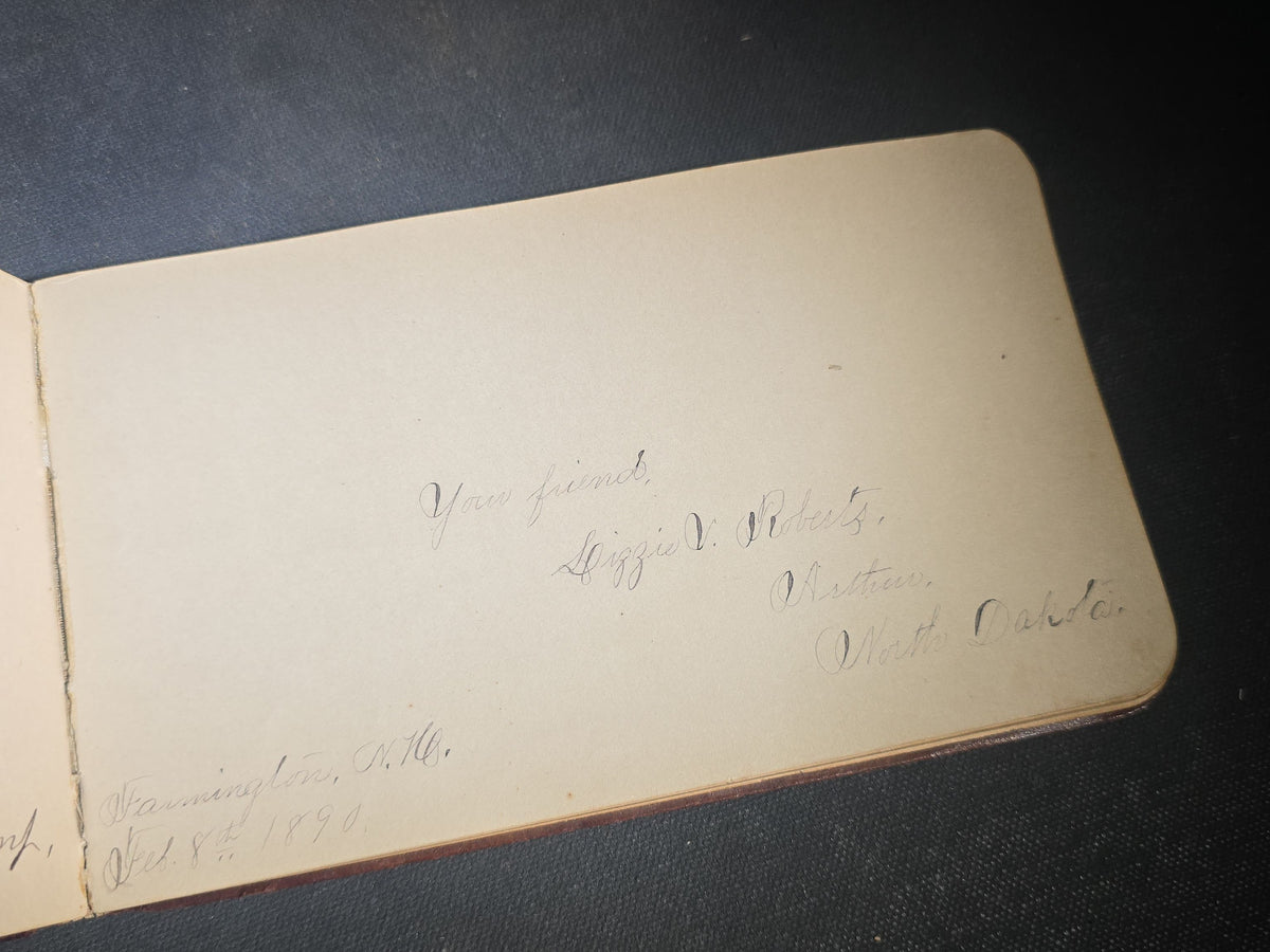 Antique 1880s Leather-Bound Autograph Book Belonging to J. U. Beam with Calligraphic Bird Drawing, Signatures from Farmington, New Hampshire and Wellesley, Massachusetts