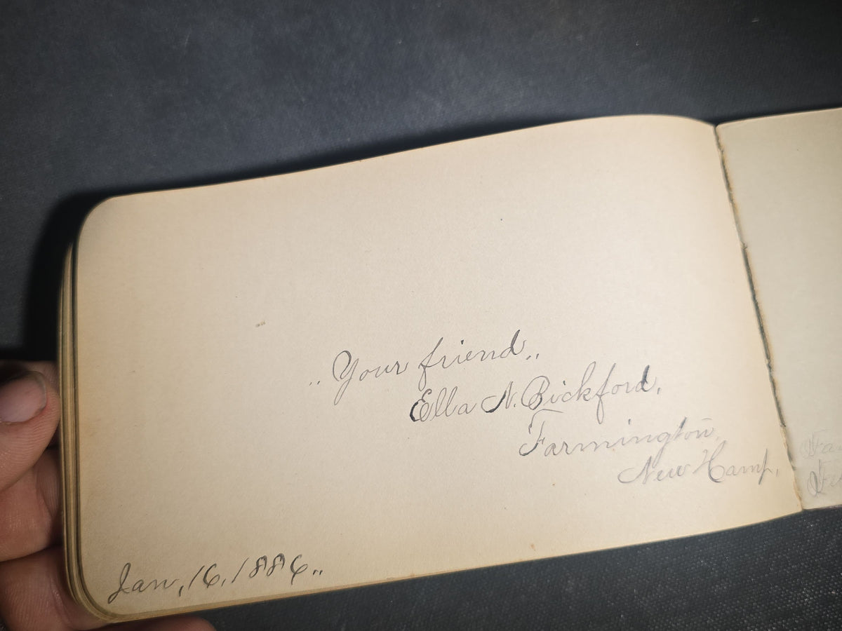 Antique 1880s Leather-Bound Autograph Book Belonging to J. U. Beam with Calligraphic Bird Drawing, Signatures from Farmington, New Hampshire and Wellesley, Massachusetts