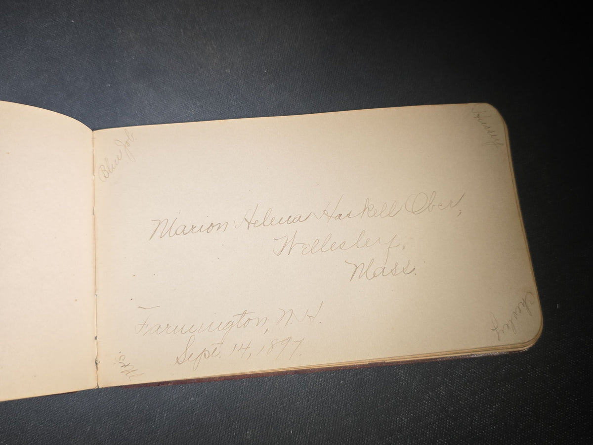 Antique 1880s Leather-Bound Autograph Book Belonging to J. U. Beam with Calligraphic Bird Drawing, Signatures from Farmington, New Hampshire and Wellesley, Massachusetts