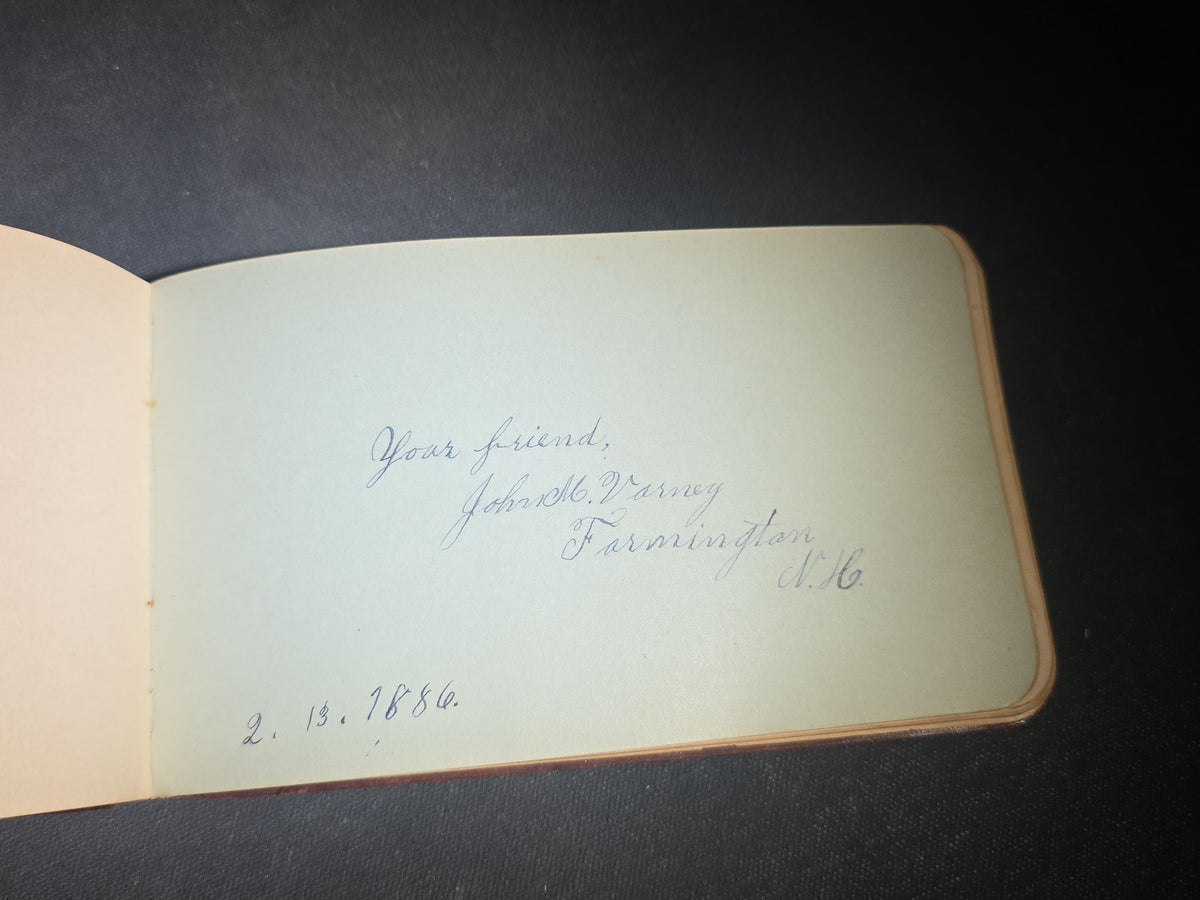 Antique 1880s Leather-Bound Autograph Book Belonging to J. U. Beam with Calligraphic Bird Drawing, Signatures from Farmington, New Hampshire and Wellesley, Massachusetts