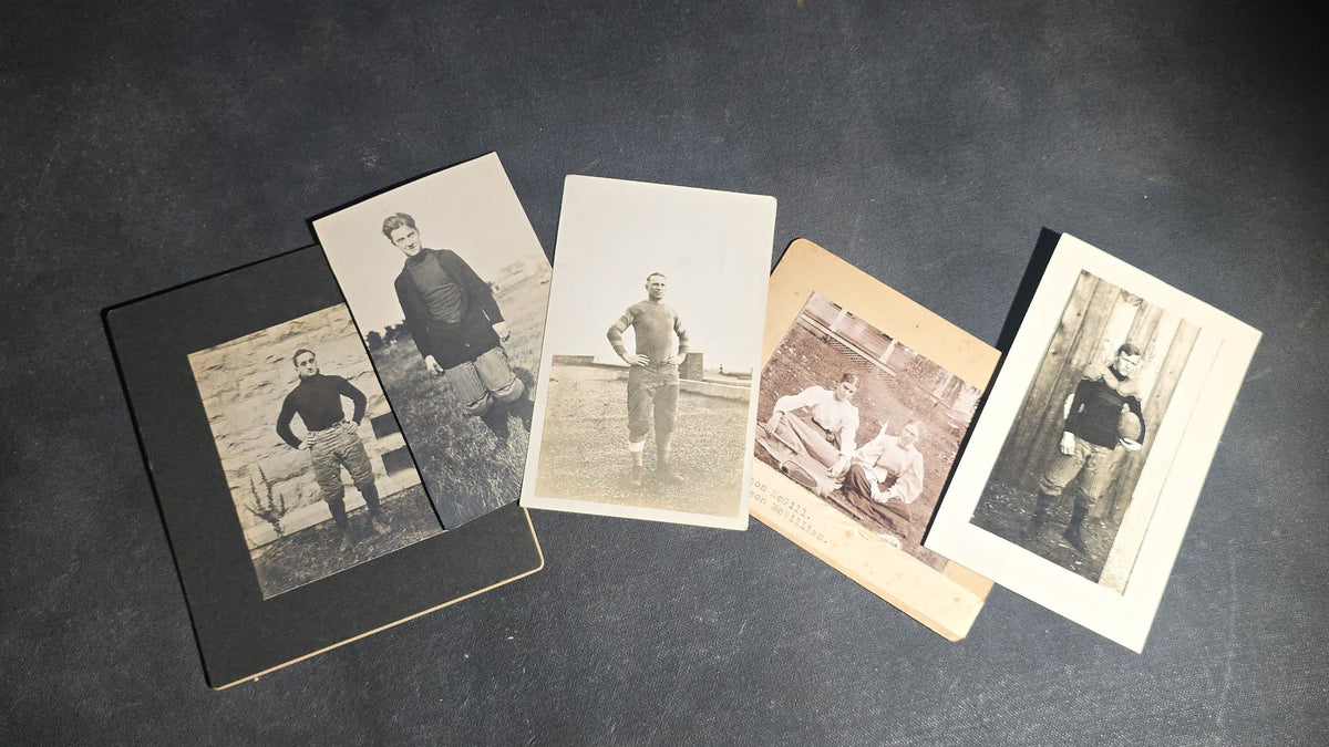 Grouping of Five Antique Sports Photographs including Three Real Photo Postcards R.P.P.C. of Early Football Players, Board-Mounted Football Player Portrait, and Board-Mounted Tennis Players Jessie Weston McGill and Nellie Jackson McWilliam