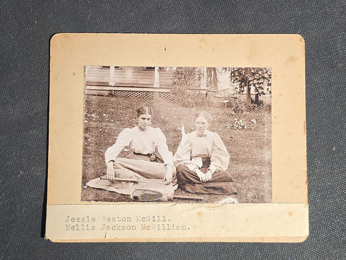Grouping of Five Antique Sports Photographs including Three Real Photo Postcards R.P.P.C. of Early Football Players, Board-Mounted Football Player Portrait, and Board-Mounted Tennis Players Jessie Weston McGill and Nellie Jackson McWilliam