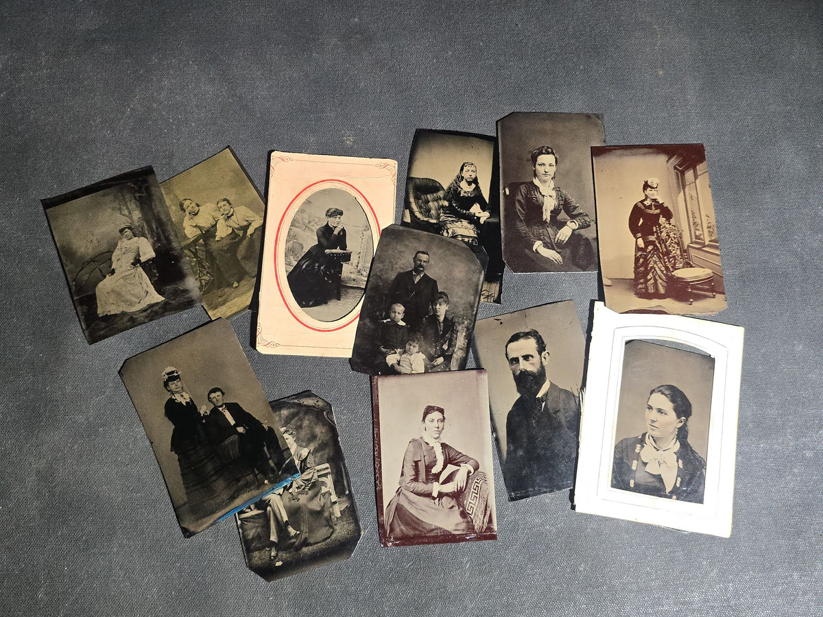 Grouping of 12 Antique Tintype Photographs including Identified Portrait of Katie Connell, Family Group, Couples, and Individual Portraits