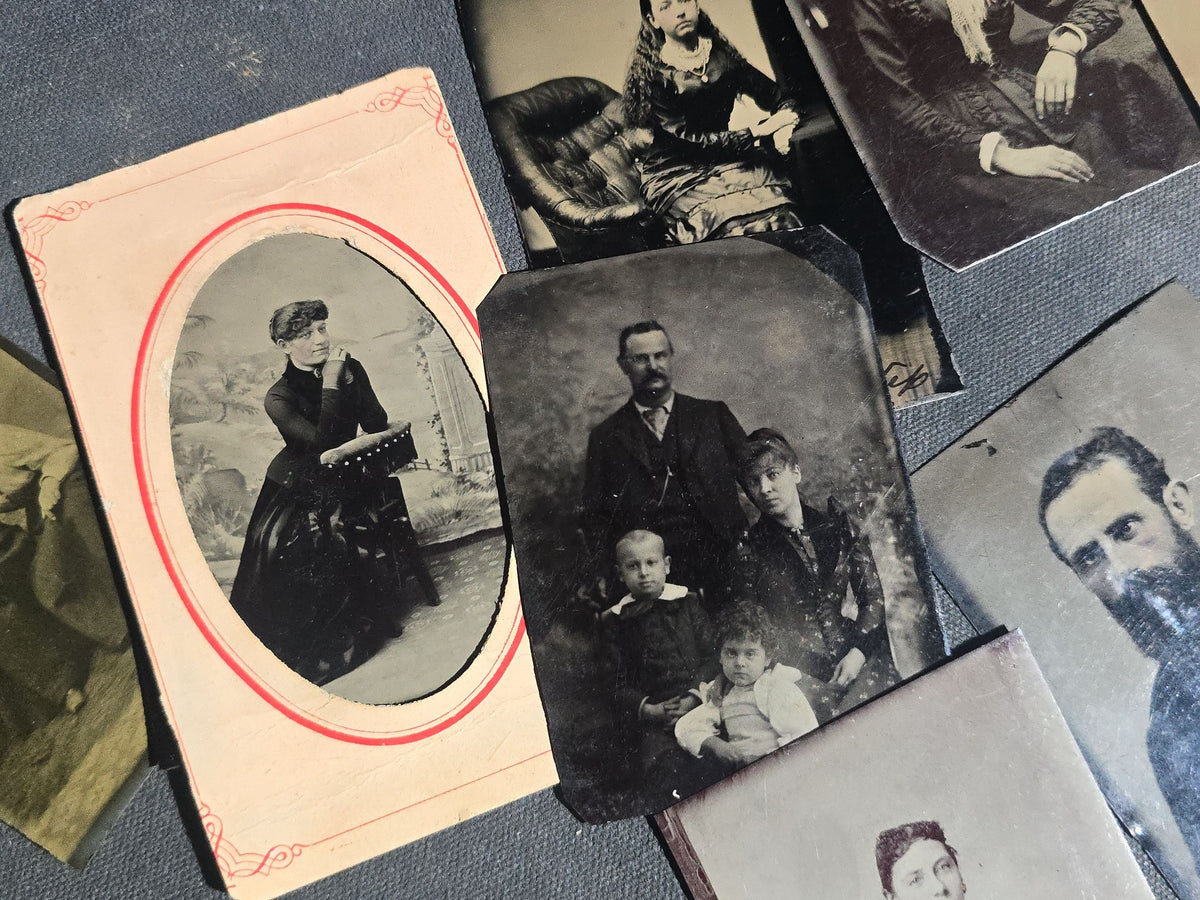 Grouping of 12 Antique Tintype Photographs including Identified Portrait of Katie Connell, Family Group, Couples, and Individual Portraits