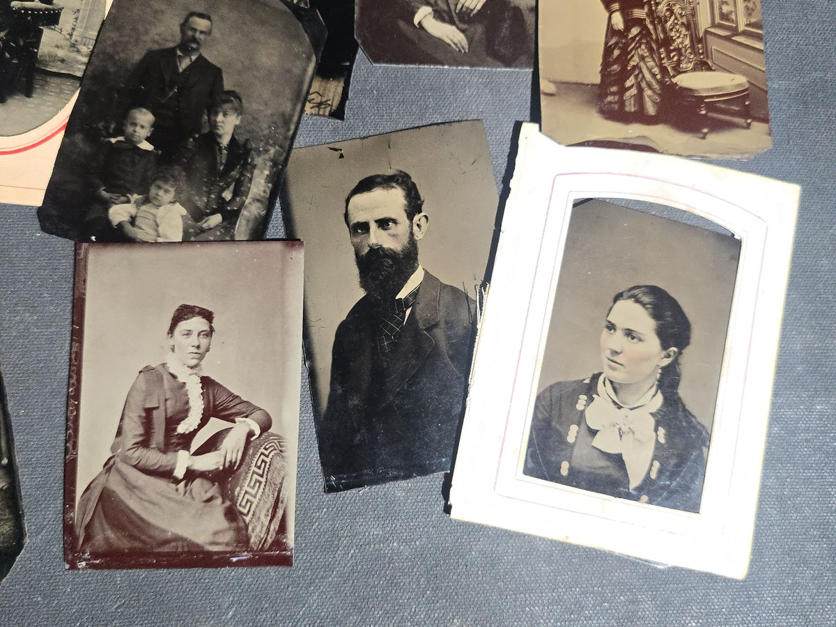 Grouping of 12 Antique Tintype Photographs including Identified Portrait of Katie Connell, Family Group, Couples, and Individual Portraits