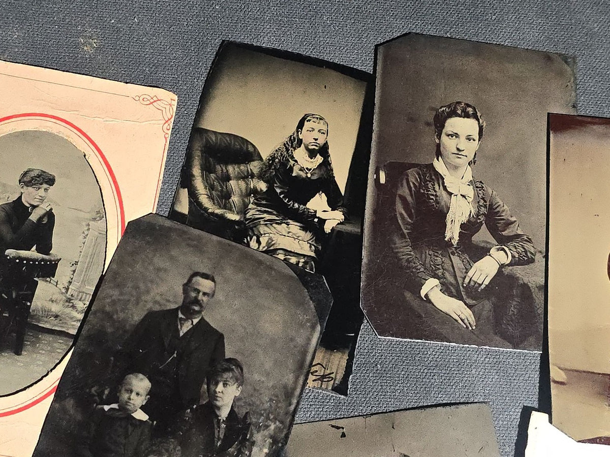 Grouping of 12 Antique Tintype Photographs including Identified Portrait of Katie Connell, Family Group, Couples, and Individual Portraits