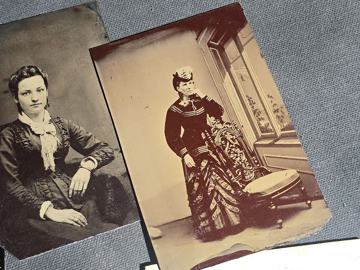 Grouping of 12 Antique Tintype Photographs including Identified Portrait of Katie Connell, Family Group, Couples, and Individual Portraits