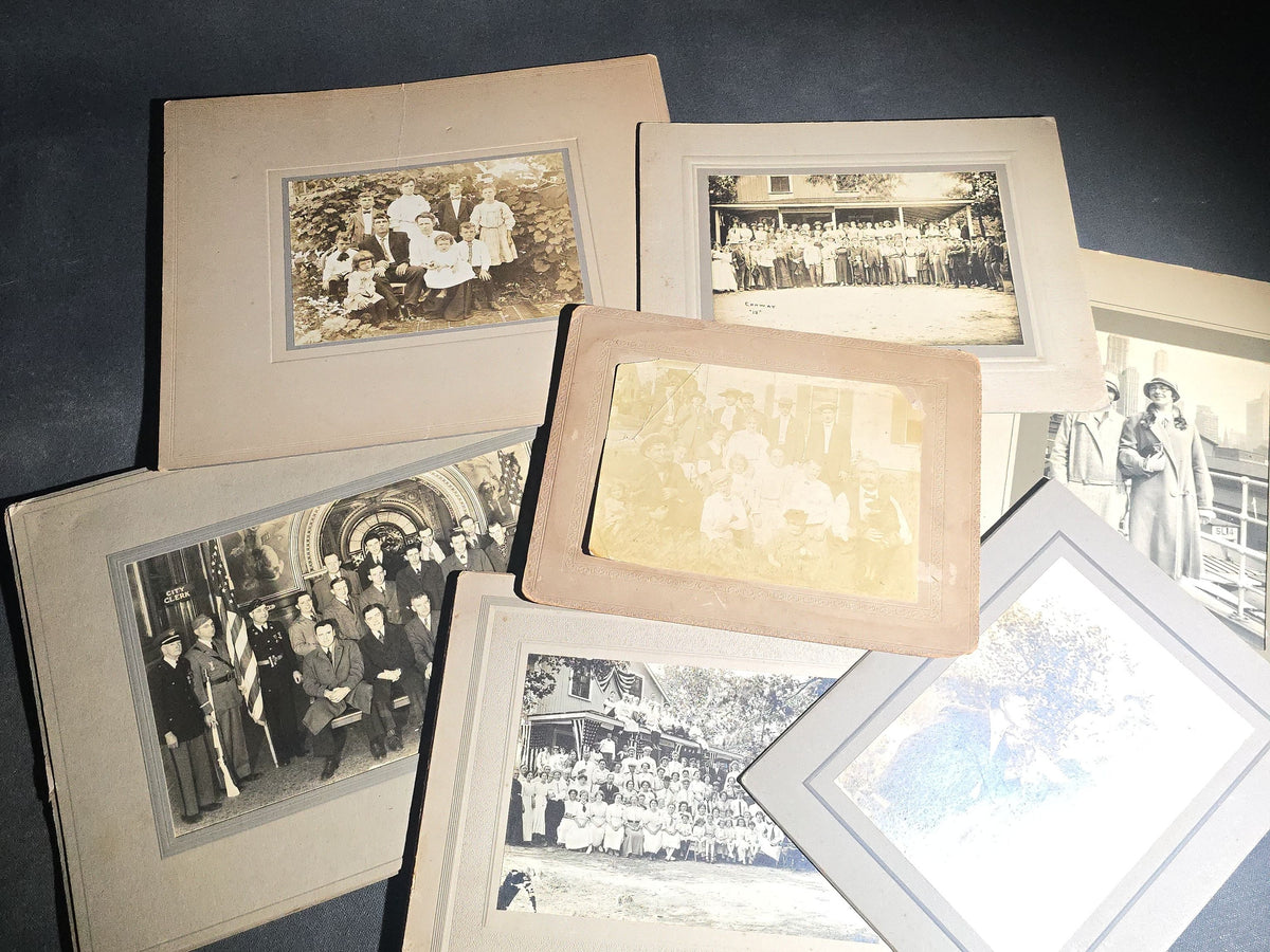 Grouping of Seven Antique and Vintage Board-Mounted and Foldered Photographs including Community Gatherings, Family Portraits, City Hall Group, and Conway "12" Inscription