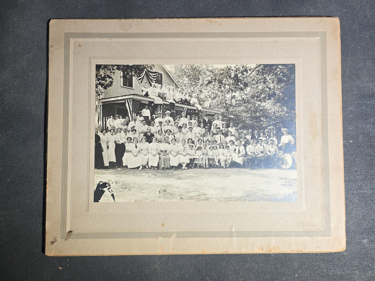 Grouping of Seven Antique and Vintage Board-Mounted and Foldered Photographs including Community Gatherings, Family Portraits, City Hall Group, and Conway "12" Inscription