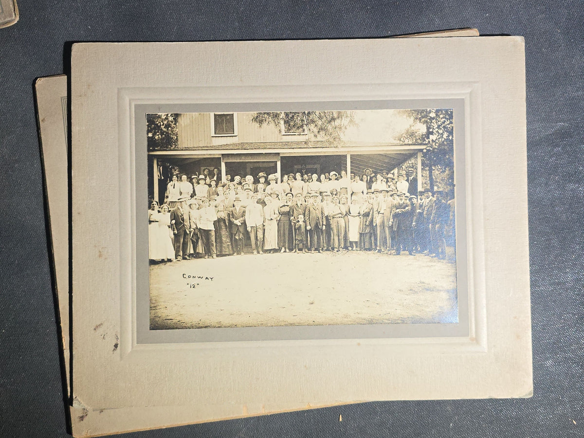 Grouping of Seven Antique and Vintage Board-Mounted and Foldered Photographs including Community Gatherings, Family Portraits, City Hall Group, and Conway "12" Inscription