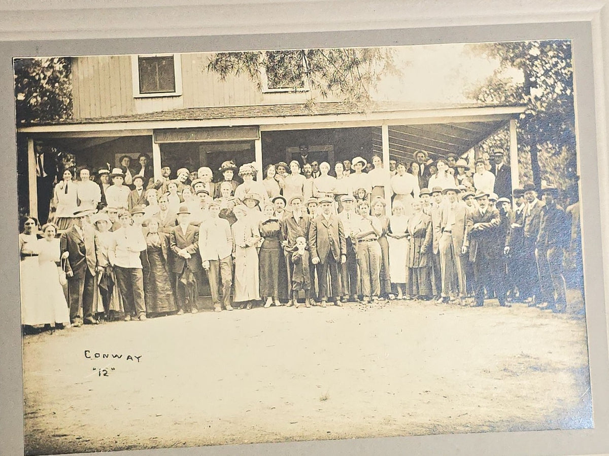 Grouping of Seven Antique and Vintage Board-Mounted and Foldered Photographs including Community Gatherings, Family Portraits, City Hall Group, and Conway "12" Inscription