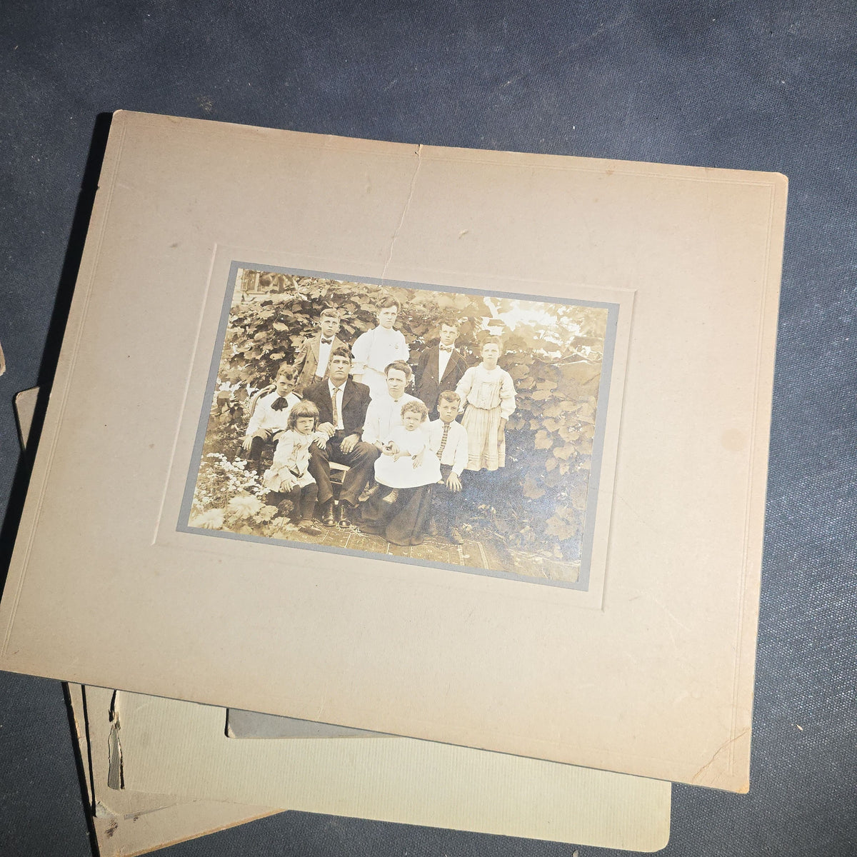 Grouping of Seven Antique and Vintage Board-Mounted and Foldered Photographs including Community Gatherings, Family Portraits, City Hall Group, and Conway "12" Inscription