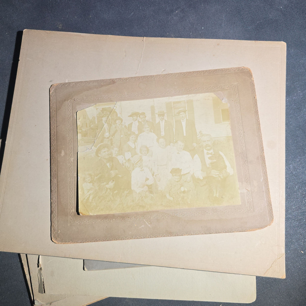 Grouping of Seven Antique and Vintage Board-Mounted and Foldered Photographs including Community Gatherings, Family Portraits, City Hall Group, and Conway "12" Inscription