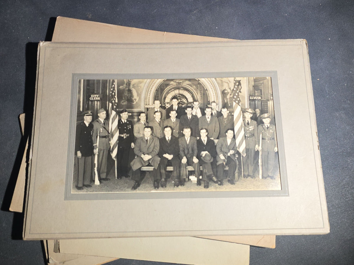 Grouping of Seven Antique and Vintage Board-Mounted and Foldered Photographs including Community Gatherings, Family Portraits, City Hall Group, and Conway "12" Inscription