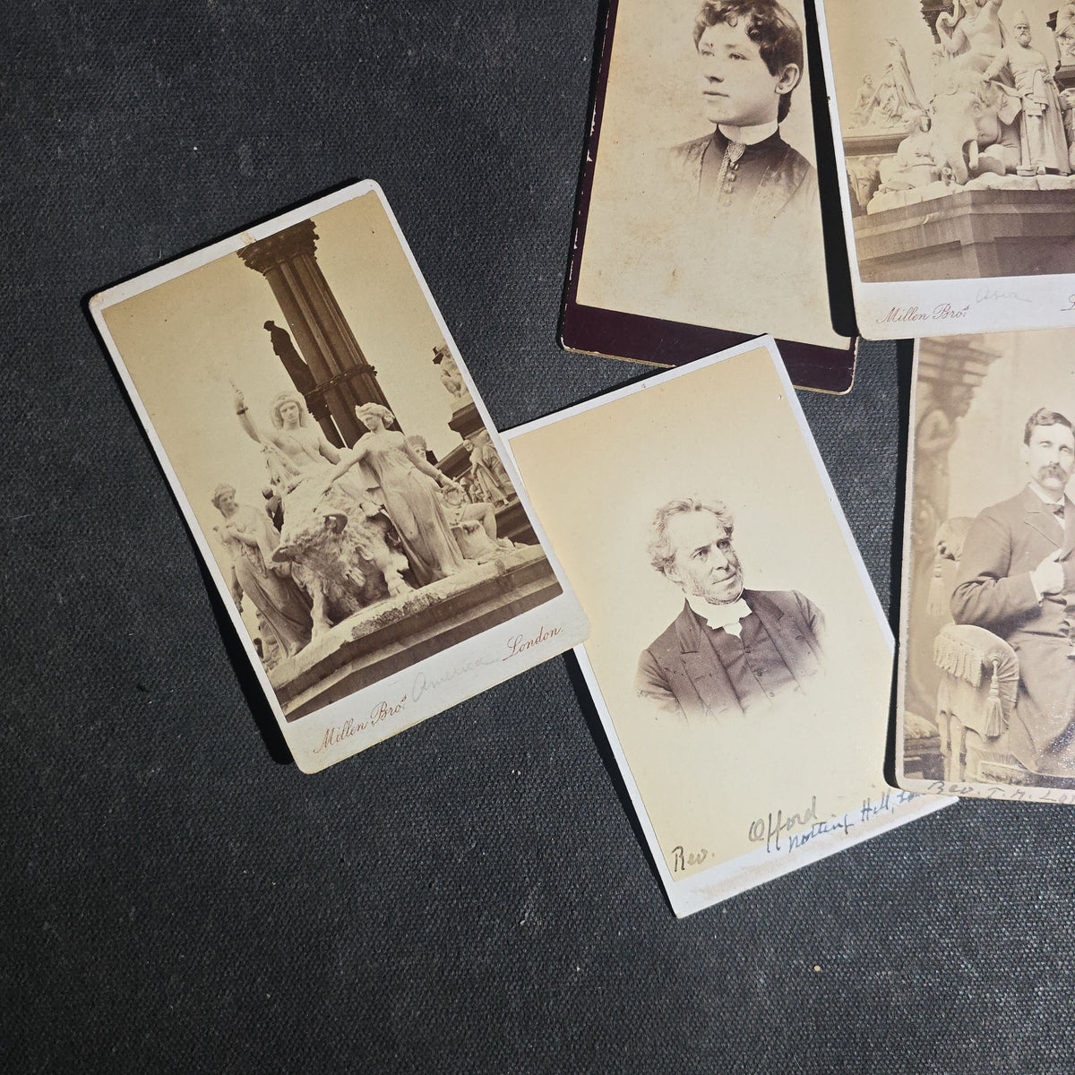Grouping of 11 Antique Carte de Visite C.D.V. Photographs including Four of Monumental Sculpture in London, Rev. Offord of Notting Hill, and Rev. John Bennett of England