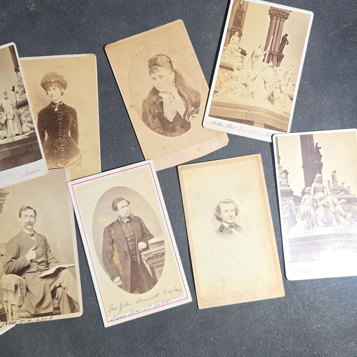 Grouping of 11 Antique Carte de Visite C.D.V. Photographs including Four of Monumental Sculpture in London, Rev. Offord of Notting Hill, and Rev. John Bennett of England
