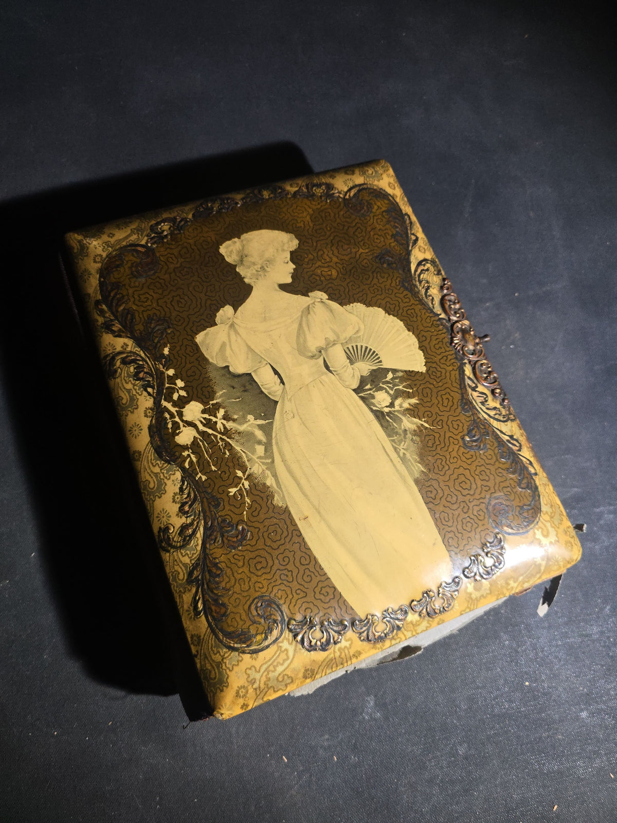 Antique Victorian Celluloid Cover Photo Album with Woman Holding Fan on Cover, Containing Cabinet Card Photographs, C.D.V.s, and Snapshot Photographs