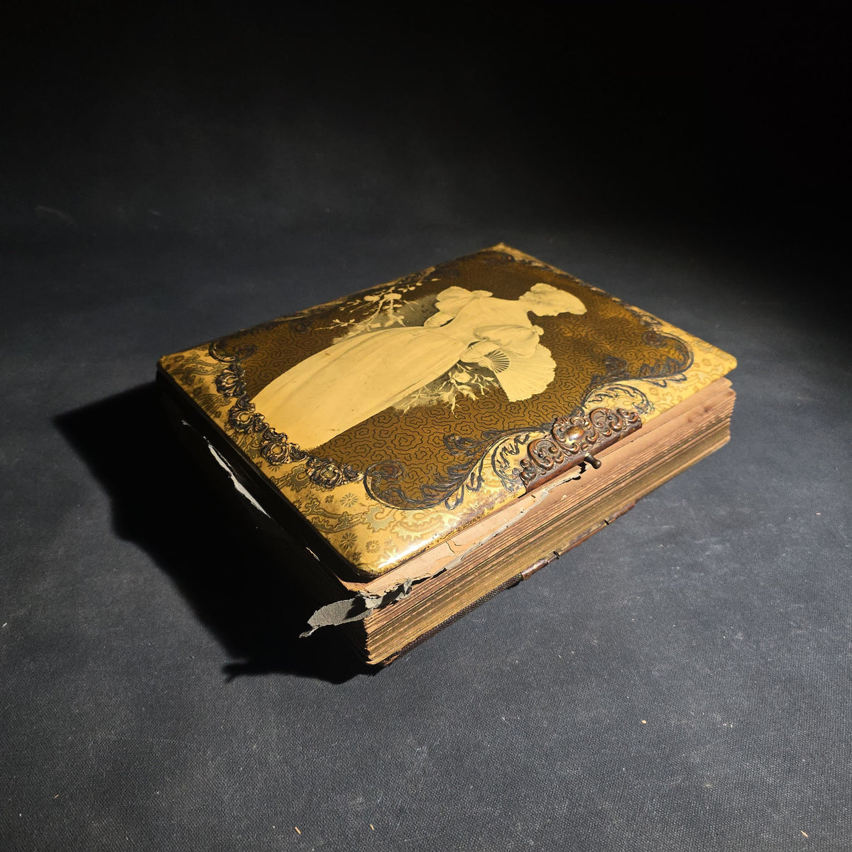 Antique Victorian Celluloid Cover Photo Album with Woman Holding Fan on Cover, Containing Cabinet Card Photographs, C.D.V.s, and Snapshot Photographs